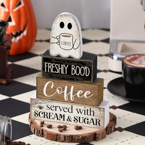 4-Piece Halloween Wooden Ghost Coffee Bar Decor Set - Rustic Tiered Tray Sign