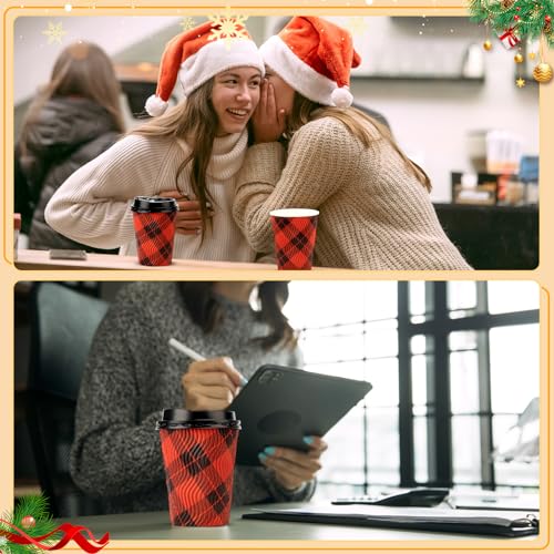 Maxcheck 100 Pack Christmas Cups with Lids 12 oz Red Black Buffalo Plaid Holiday