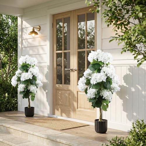 3 Ft Artificial Hydrangea Topiary Trees, UV Resistant Potted Faux Plant - 2 Pcs