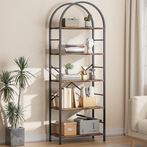 5-Tier Arched Bookshelf, Industrial Metal and Wood Bookcase Storage Organizer