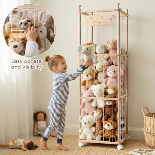 Wooden Stuffed Animal Storage with Wheels - Large Plush Toy Organizer