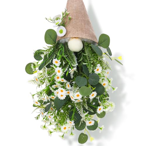 Daisy Gnome Hanging Swag, 24-Inch Floral Burlap Spring Door Decoration