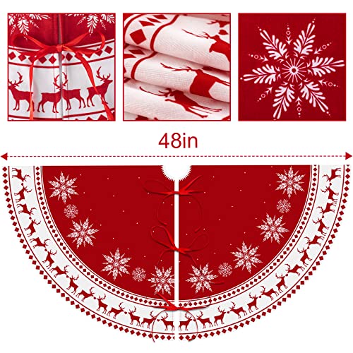 Lukisesy 48-Inch Red Snowflake Reindeer Christmas Tree Skirt - Rustic Holiday Decor