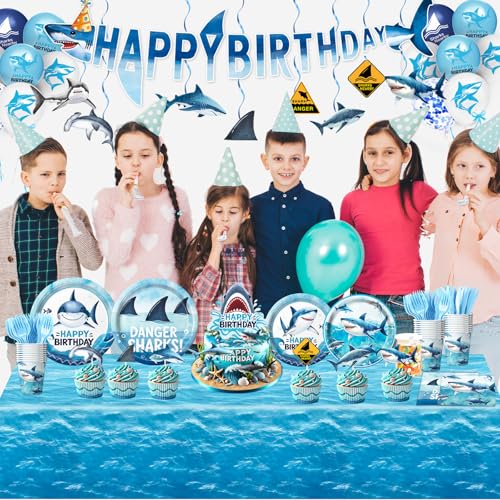 157-Piece Shark Birthday Party Decorations Set with Tableware and Balloons