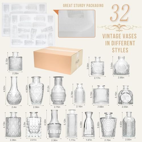 Clear Glass Bud Vase Set of 32 - Vintage Etched Table Centerpieces