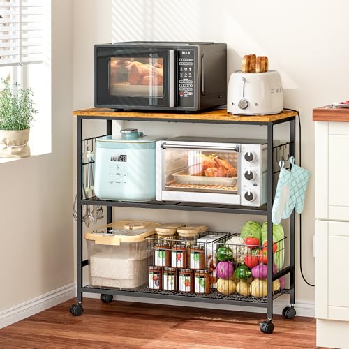 3-Tier Rolling Kitchen Microwave Cart, 33 Inch Utility Island with Wheels