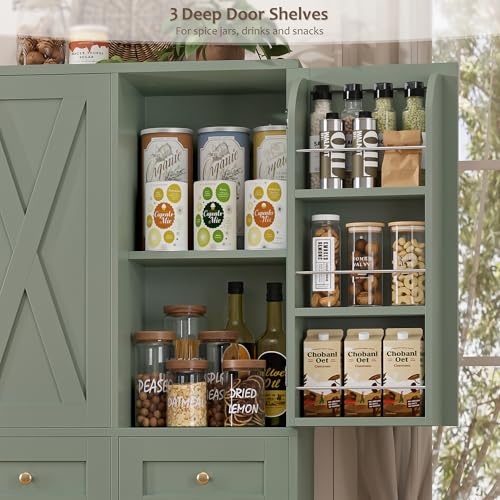 67" Farmhouse Kitchen Pantry Cabinet with Drawers, Green Storage Cupboard