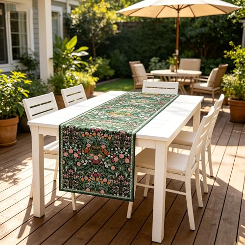 OYIMUA Blossoms Chenille Waterproof Table Runner 13x72 inches for Dining & Decor, Dark Green Floral Summer Rustic