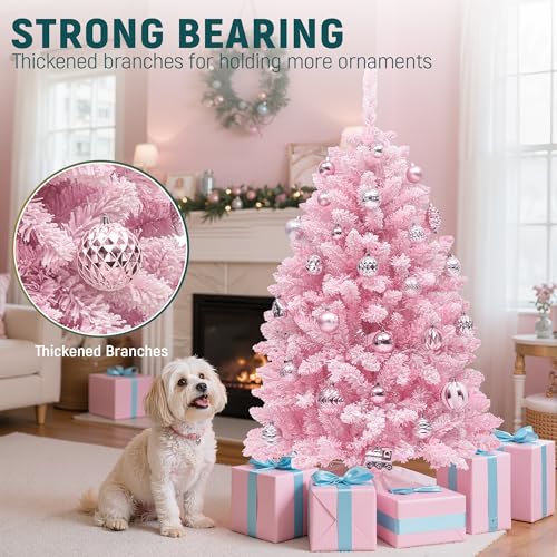 YITAHOME 4.5 ft Pink Flocked Christmas Tree with Warm-White Lights - Adjustable 8 Modes, Full Lush Design, Stable Base