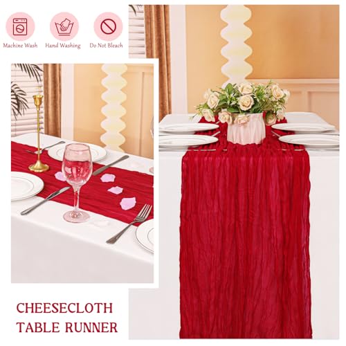 2 Pack Red Cheesecloth Table Runner, 120-Inch Rustic Boho Gauze Table Decor