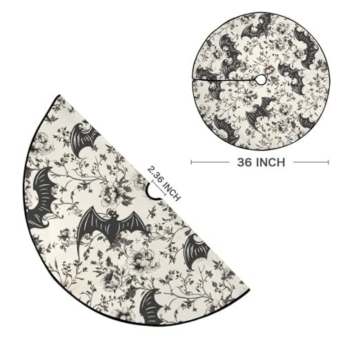 Goth Bat Floral Christmas Tree Skirt - 36 Inch Halloween Holiday Mat
