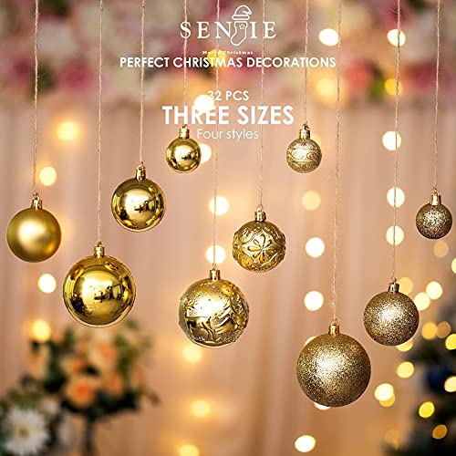 Senjie 32Pcs Gold Shatterproof Christmas Ornaments Set – 11 small, 15 medium, 6 large Gold Balls