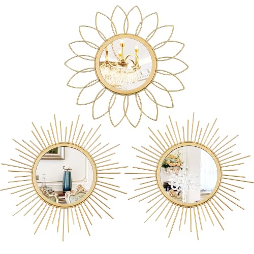 3-Piece Gold Sunburst Wall Mirror Set, Decorative Modern Metal Wall Art Decor