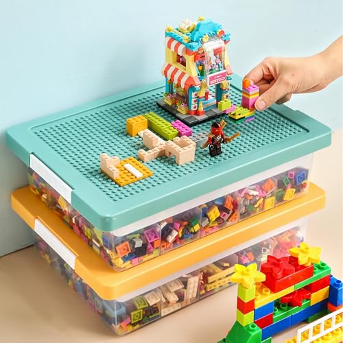Stackable Toy Storage Organizer Box with Building Plate Lid and Removable Tray