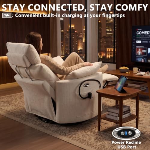 Chenille Power Recliner Nursery Chair with Adjustable Headrest and USB Port