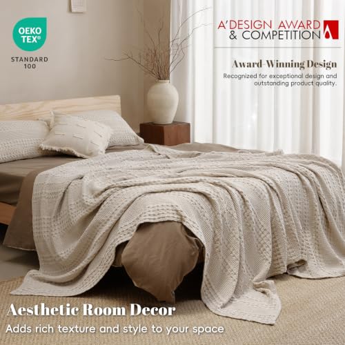 PHF 100% Cotton Waffle Weave Blanket - Queen Size Lightweight Bed Throw