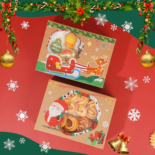 YEKTFS 12-Pack Christmas Cookie Tins with Window, 8.25x6x2.75 in Large Brown Gift Boxes with Lids - Cardboard