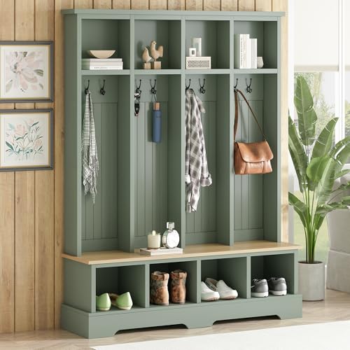 59-Inch Farmhouse Hall Tree with Bench, Shoe Storage, and 8 Coat Hooks