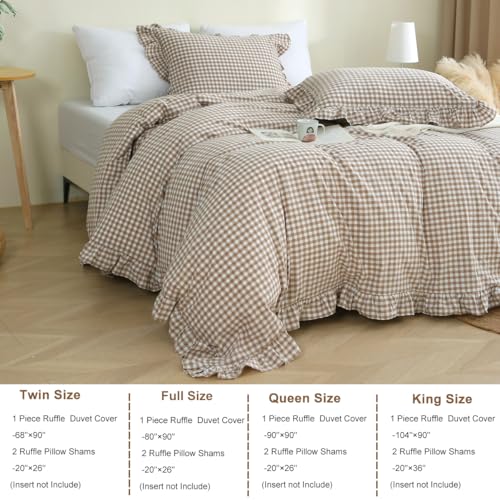 Taupe Plaid Gingham Ruffle Duvet Cover Set - 100% Washed Cotton Queen Size