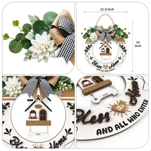 3D Welcome Sign Wood Wreath for Front Door, Farmhouse Porch Decor