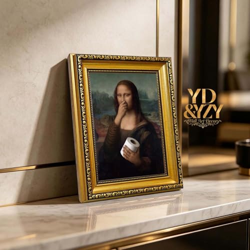 Funny Mona Lisa Bathroom Wall Art Vintage Gold Framed 8x10 Print