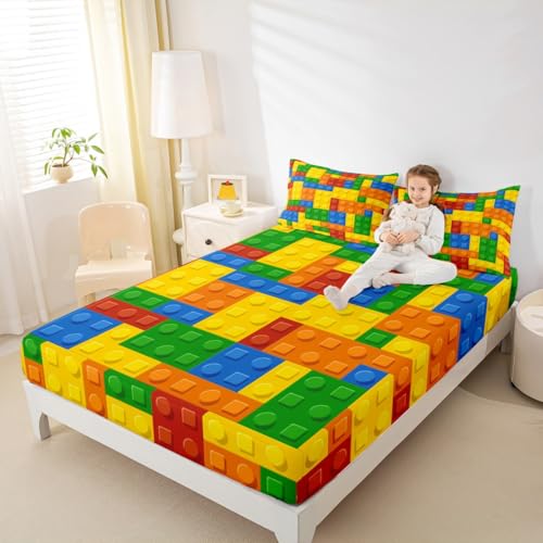 Building Blocks Twin Bed Sheet Set - 3-Piece Kids Bedding with Deep Pockets