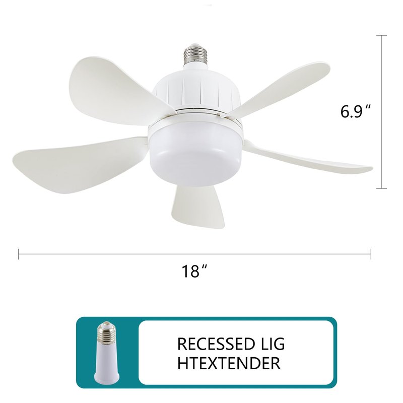 18" Socket Fan Light with Remote, Dimmable LED Ceiling Fans with Lights, Screw in Socekt Fans and Socket Extender, 3 Colors 3000K-6500K, Replacement Light Bulb Fan for Kitchen Garage Bedroom,White-2P