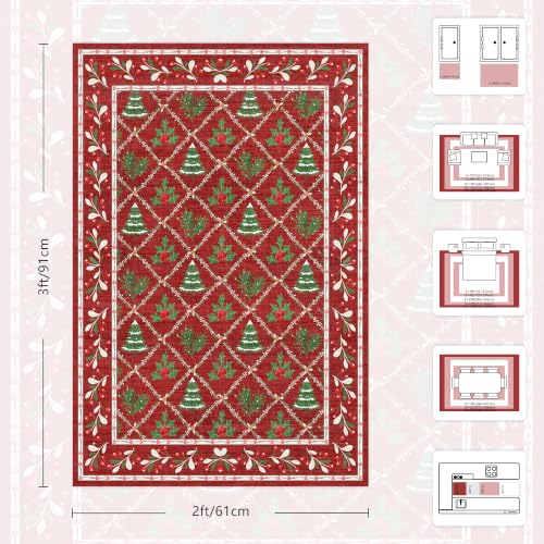 Yarooge 2' x 3' Christmas Red Area Rug - Non-Slip Holiday Foyer and Hallway Decor