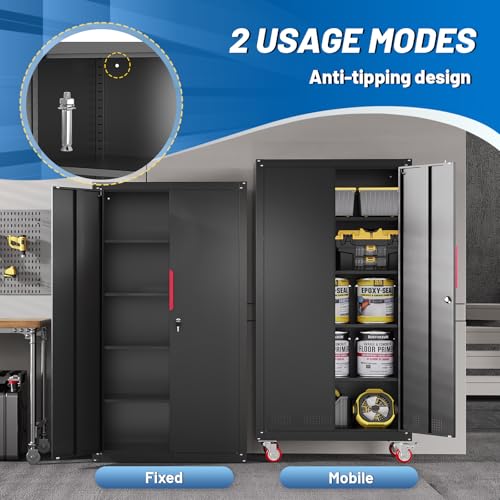 71" Rolling Metal Garage Storage Cabinet with Lock and Adjustable Shelves