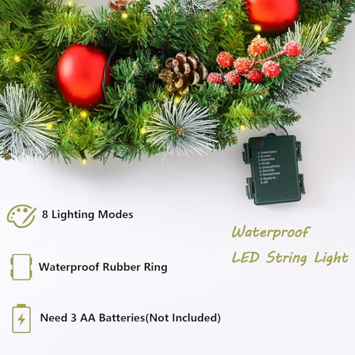 24 Inch Pre-Lit Artificial Christmas Wreath for Front Door, Door