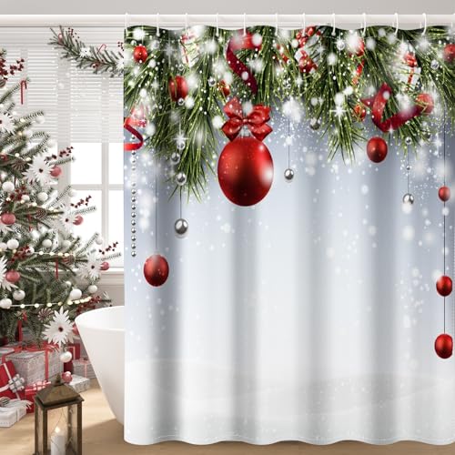 Christmas Shower Curtain 72x72 Inch Red & Silver Xmas Balls, 6 Pack…