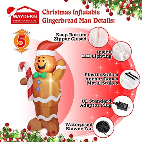 WAYDEKO 5ft Christmas Inflatable Gingerbread Man Yard Decor with Lights