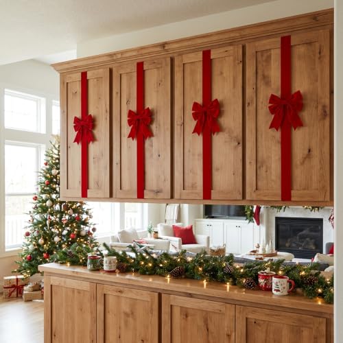 9 Pcs Christmas Red Velvet Cabinet Bows with Adjustable Ribbons - Holiday Kitchen Decor