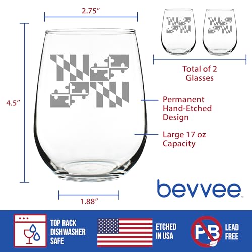 Bevvee Maryland Flag Stemless Wine Glass Set of 2 - 17 oz Maryland State Pride