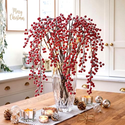 Norme 3 Pack Artificial Burgundy Red Holly Berry Stems for Christmas Decor - Classic Red Variant