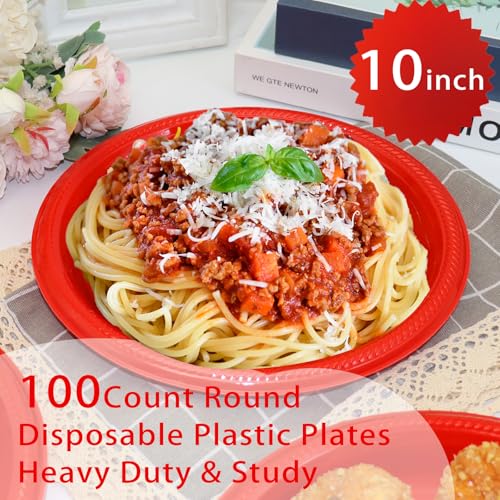 BONSINY 100 Pcs 10 Inch Red Plastic Plates – Christmas Disposable Party Dinnerware