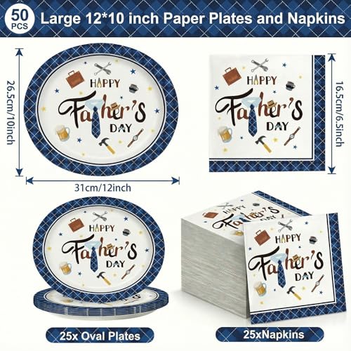 Father's Day Paper Plates and Napkins Set - Blue Plaid Theme, 50 pcs