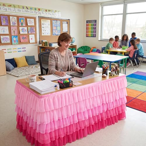 6ft Pink Ruffled Tulle Table Skirt for Rectangle Tables