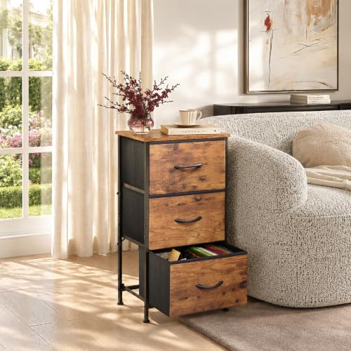 3-Drawer Fabric Nightstand with Wood Top, Compact Bedroom Storage Chest