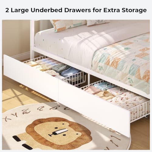 Full Size Kids House Bed with Desk and 4 Storage Drawers, White Metal Frame