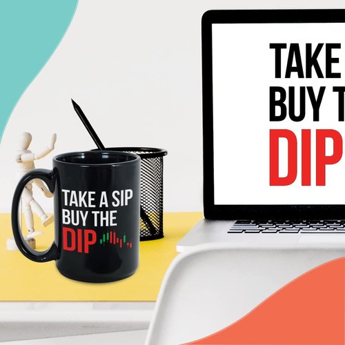 Stock Trader Coffee Mug 15 oz, Take A Sip Buy The Dip Funny Investment Gift for Market Traders Brokers Fund Financial Adviser Investor, Black
