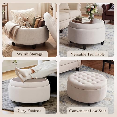 Round Fabric Storage Ottoman with Reversible Tray Lid, Beige