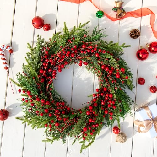 20-Inch Classic Christmas Wreath with Red Berries & Norfolk Pine - Rustic Front Door Decor