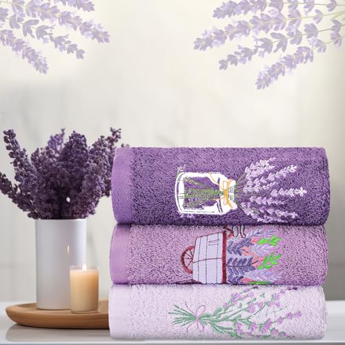 Lavender Floral Hand Towels - 3 Piece Set, 14x29 Inch Soft Cotton Bath Towels