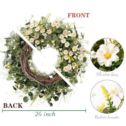 24-Inch Artificial White Daisy Wreath with Eucalyptus and Lavender