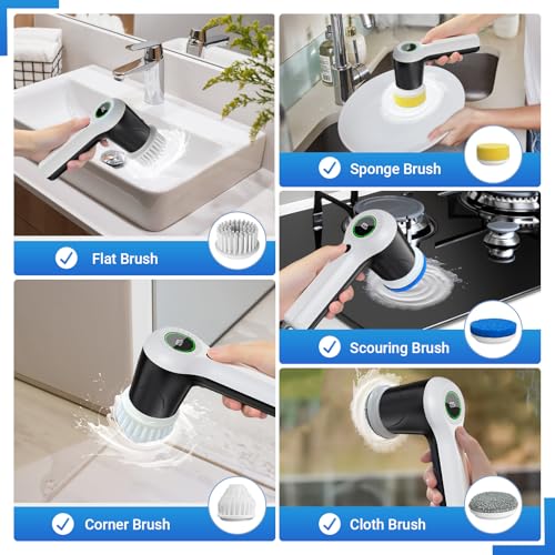 Cordless Electric Spin Scrubber - Power Shower & Tile Cleaner with 6 Heads