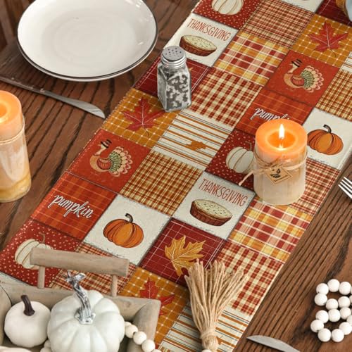 Artoid Mode 13x60 Inch Buffalo Plaid Pumpkins Thanksgiving Table Runner - Orange Fall Decor