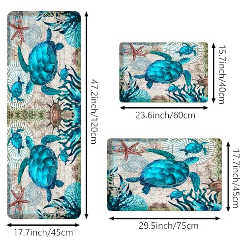 3-Piece Sea Turtle Kitchen Rug Set, Anti-Fatigue Cushioned Floor Mats