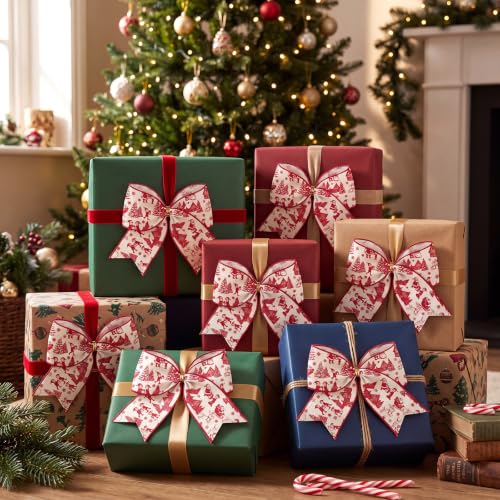 Realspring 12-Pack 6.3in Red Santa Toile de Jouy Christmas Bows - French Sketch