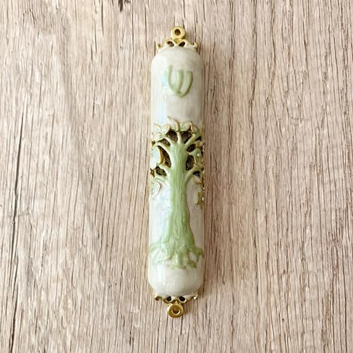 9.5-Inch Hand-Painted Metal Mezuzah with Pomegranate Flower and Scroll